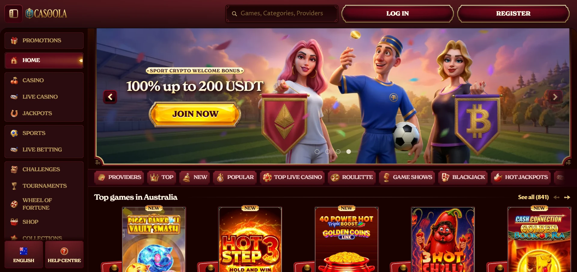 Casoola Casino home page showing the main game lobby